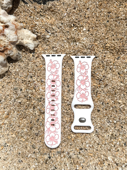 Pre-Order Estimated Ship Date 10/23 White to Pink Hibiscus Engraved Two-Tone Watch Band Compatible with Apple Watch - SMALL WATCH - 38/40/41mm (42mm Series 10 & Up)