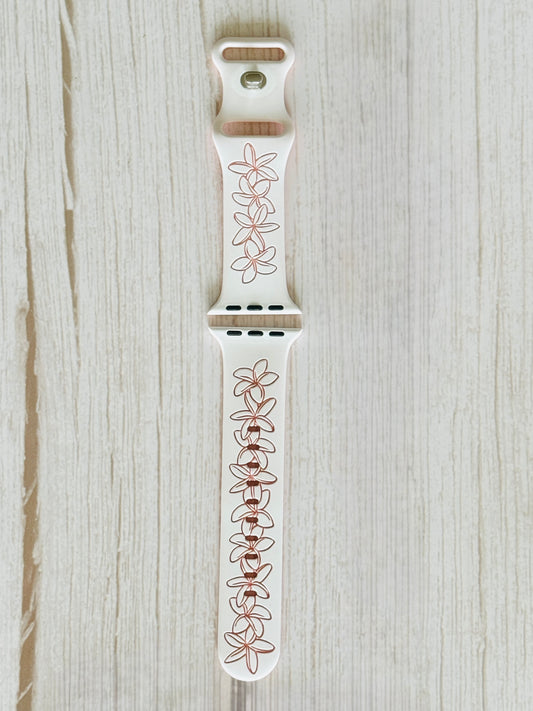 White to Pink Plumeria Engraved Two-Tone Watchband Compatible with Apple Watch - SMALL WATCH - 38/40/41mm (42mm Series 10 & Up)