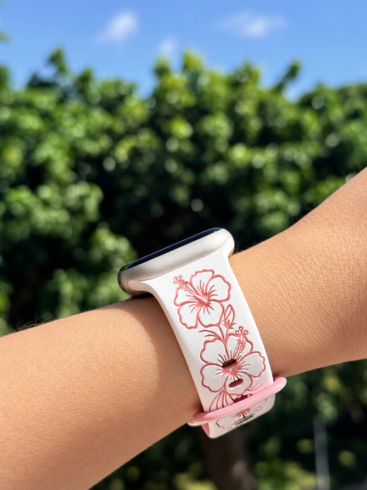 Pre-Order Estimated Ship Date 10/23 White to Pink Hibiscus Engraved Two-Tone Watch Band Compatible with Apple Watch - SMALL WATCH - 38/40/41mm (42mm Series 10 & Up)