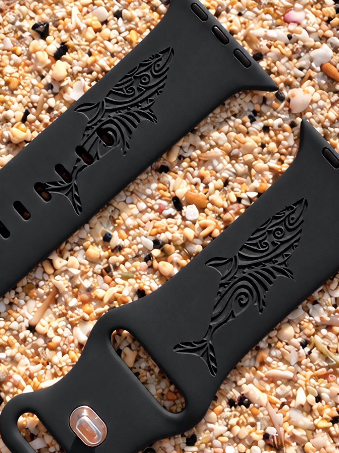 Black Tribal Shark Engraved Silicone Watch Band Apple Watch Compatible LARGE WATCH 49/46/45/44mm (42mm Series 1-3)