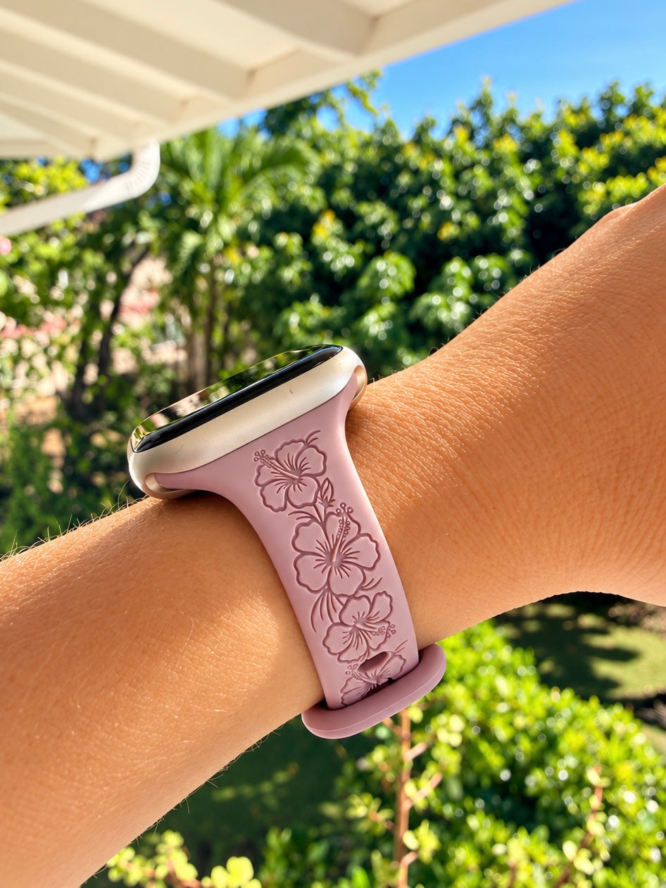 Light Purple Hibiscus Slim Engraved Silicone Watch Band Compatible with Apple Watch - SMALL WATCH - 38/40/41mm (42mm Series 10 & Up)
