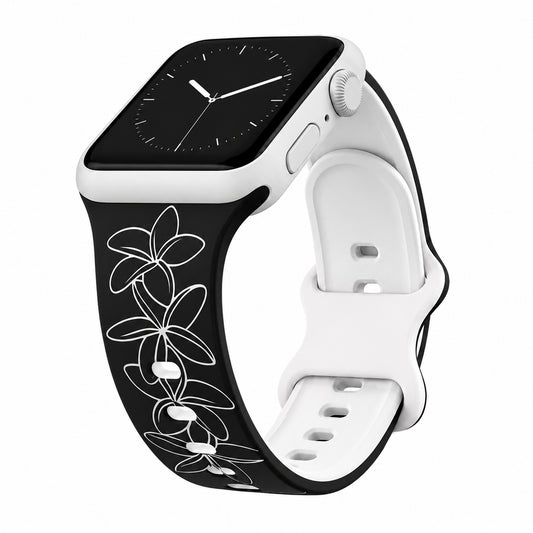 Black to White Plumeria Engraved Two-Tone Watch Band Apple Watch Compatible SMALL WATCH 38/40/41mm (42mm Series 10 & Up)