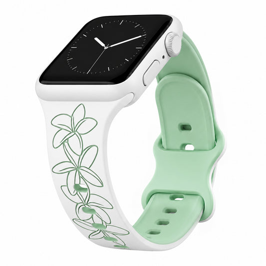 White to Green Plumeria Engraved Two-Tone Watch Band Apple Watch Compatible SMALL WATCH 38/40/41mm (42mm Series 10 & Up)