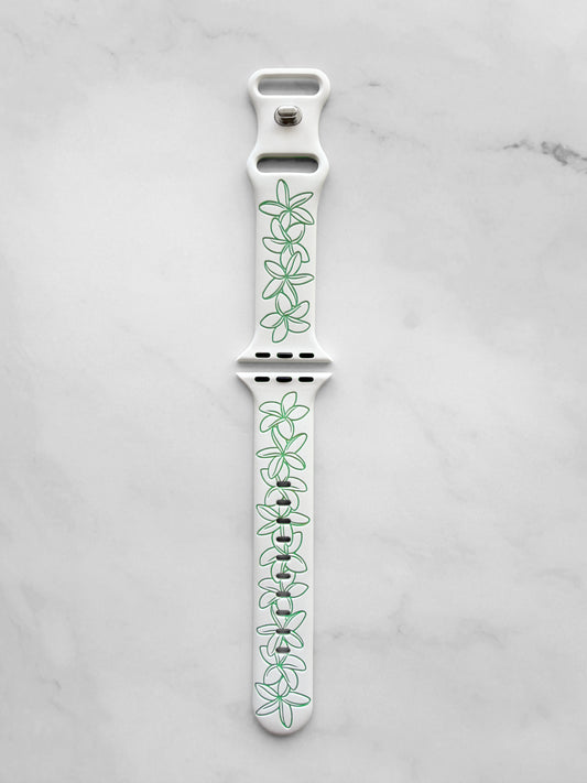 White to Green Plumeria Engraved Two-Tone Watch Band Apple Watch Compatible SMALL WATCH 38/40/41mm (42mm Series 10 & Up)