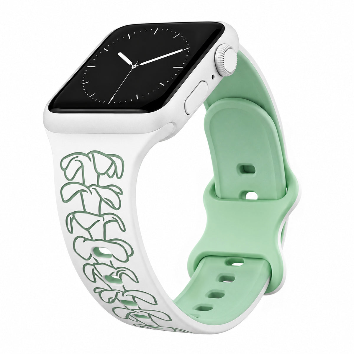 White to Green Puakenikeni Engraved Two-Tone Watchband Compatible with Apple Watch - LARGE WATCH - 49/46/45/44mm (42mm Series 1-3)