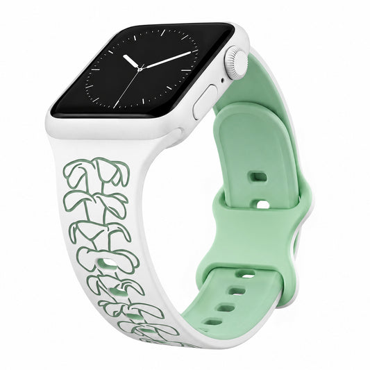 White to Green Puakenikeni Engraved Two-Tone Watchband Compatible with Apple Watch - SMALL WATCH - 38/40/41mm (42mm Series 10 & 11)