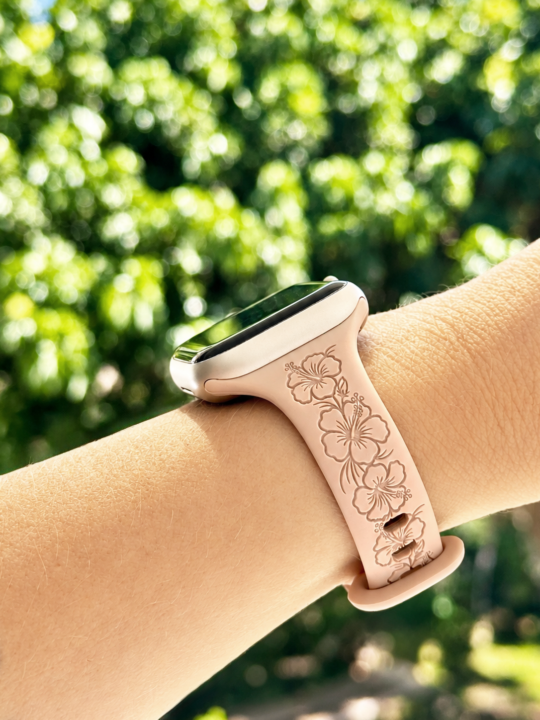Pre-Order Estimated Ship Date 10/23 Dusty Pink Hibiscus Slim Engraved Silicone Watch Band Compatible with Apple Watch - SMALL WATCH - 38/40/41mm (42mm Series 10 & Up)