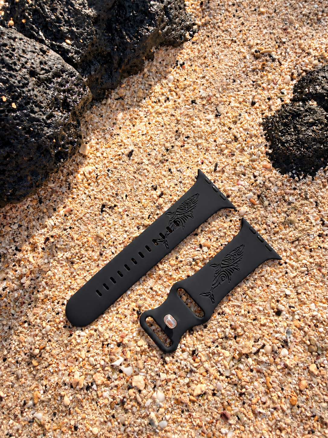 Black Tribal Shark Engraved Silicone Watch Band Apple Watch Compatible LARGE WATCH 49/46/45/44mm (42mm Series 1-3)