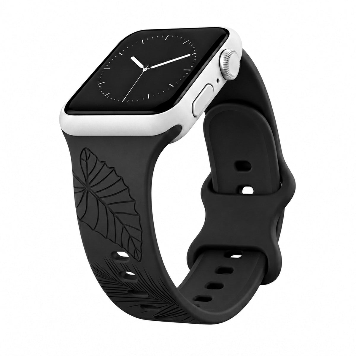 Black Tropical Engraved Silicone Watch Band Apple Watch Compatible - LARGE WATCH - 49/46/45/44mm (42mm Series 1-3)
