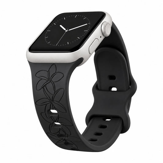 Black Plumeria Engraved Silicone Watchband Compatible with Apple Watch - SMALL WATCH - 38/40/41mm (42mm Series 10 & Up)