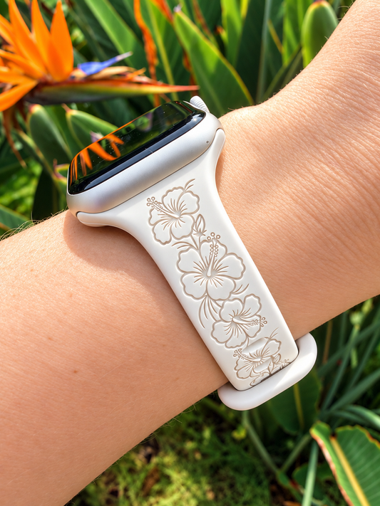 Pre-Order Estimated Ship Date 10/23 Hibiscus Slim Engraved Silicone Watch Band Compatible with Apple Watch - SMALL WATCH - 38/40/41mm (42mm Series 10 & Up)