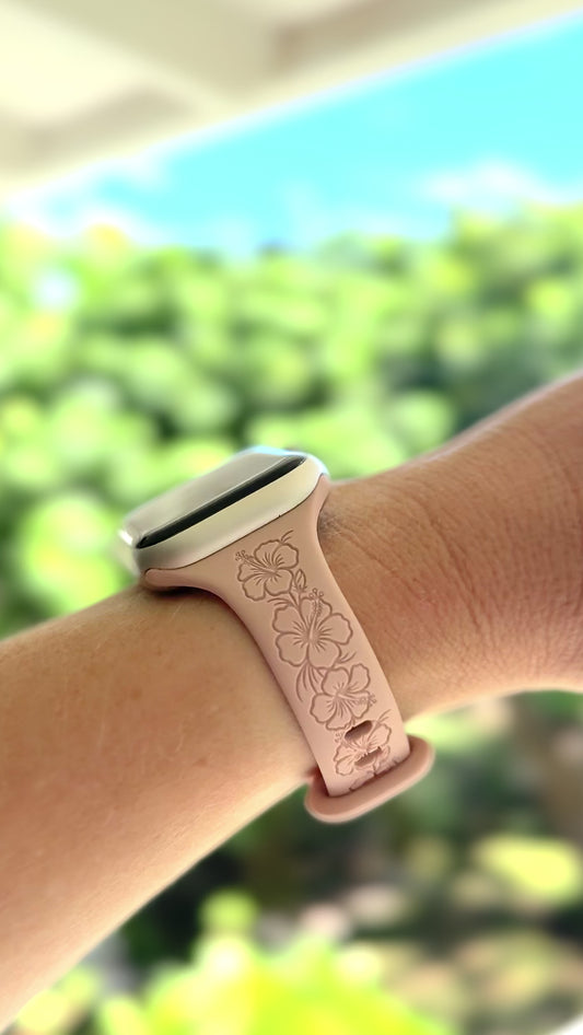 Pre-Order Estimated Ship Date 10/23 Hibiscus Slim Engraved Silicone Watch Band Compatible with Apple Watch - SMALL WATCH - 38/40/41mm (42mm Series 10 & Up)