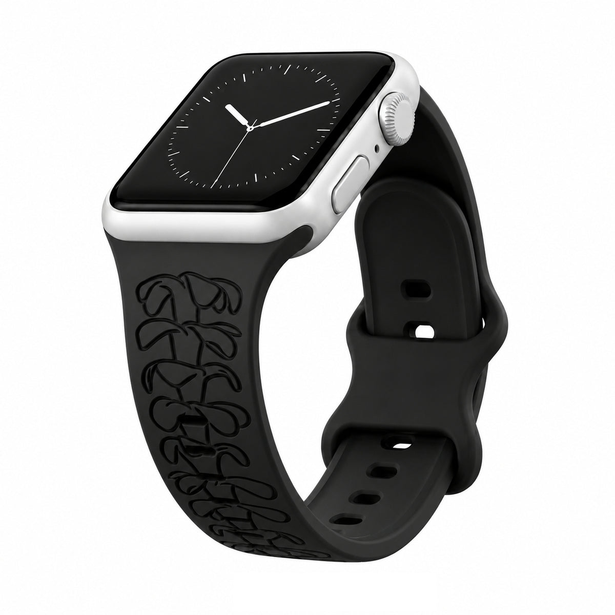 Black Puakenikeni Engraved Silicone Watchband Compatible with Apple Watch - LARGE WATCH - 49/46/45/44mm (42mm Series 1-3)