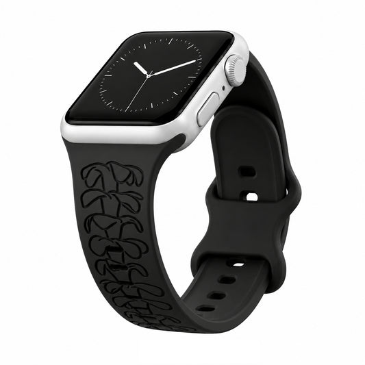 Black Puakenikeni Engraved Silicone Watchband Compatible with Apple Watch - SMALL WATCH - 38/40/41mm (42mm Series 10 & 11)