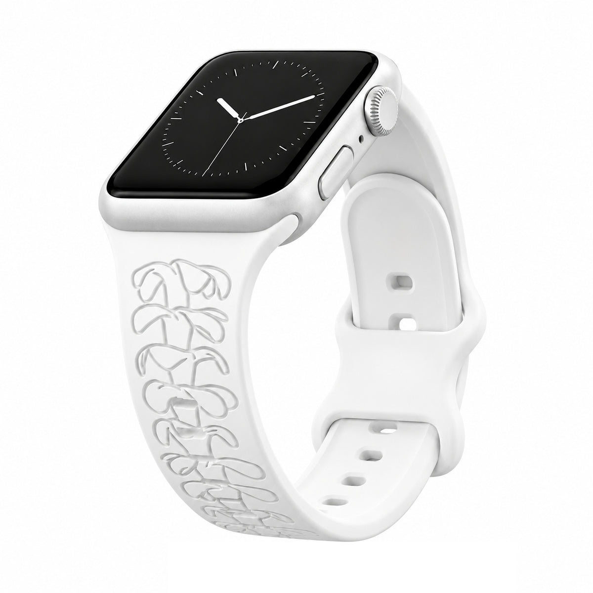 White Puakenikeni Engraved Silicone Watchband Compatible with Apple Watch - LARGE WATCH - 49/46/45/44mm (42mm Series 1-3)