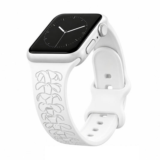 White Puakenikeni Engraved Silicone Watchband Compatible with Apple Watch - SMALL WATCH - 38/40/41mm (42mm Series 10 & 11)