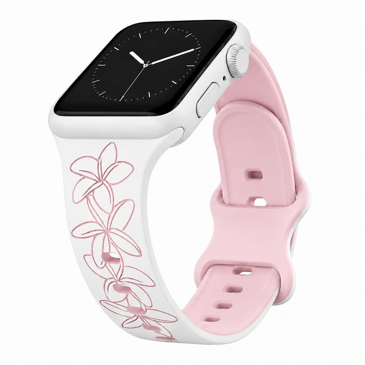 White to Pink Plumeria Engraved Two-Tone Watchband Compatible with Apple Watch - SMALL WATCH - 38/40/41mm (42mm Series 10 & Up)
