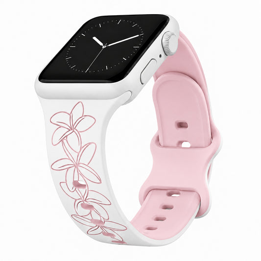 White to Pink Plumeria Engraved Two-Tone Watchband Compatible with Apple Watch - SMALL WATCH - 38/40/41mm (42mm Series 10 & Up)