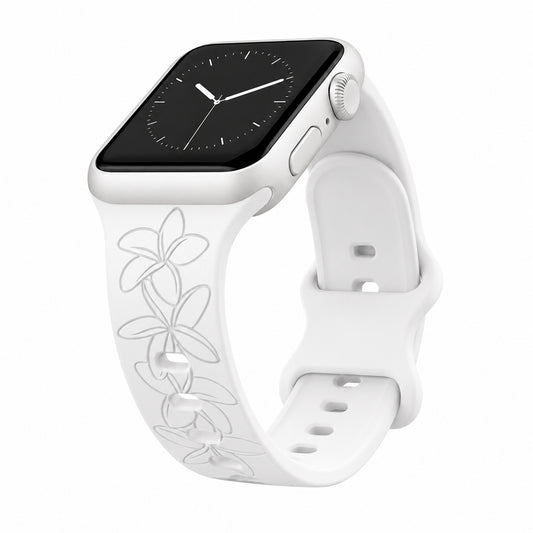 White Plumeria Engraved Silicone Watchband Compatible with Apple Watch - SMALL WATCH - 38/40/41mm (42mm Series 10 & 11)
